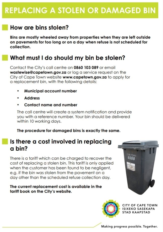 JoyleneVanWyk's tweet image. #Kudos to the municipal depot staff  &amp;amp; @CityofCT 💃🏾💃🏾
I Reported my stolen #refusebin yesterday and this morning it was delivered. 🤗
If your bin has been stolen, you will need to report the theft of your bin at the nearest #SAPS office to obtain an affidavit. #CapeTown