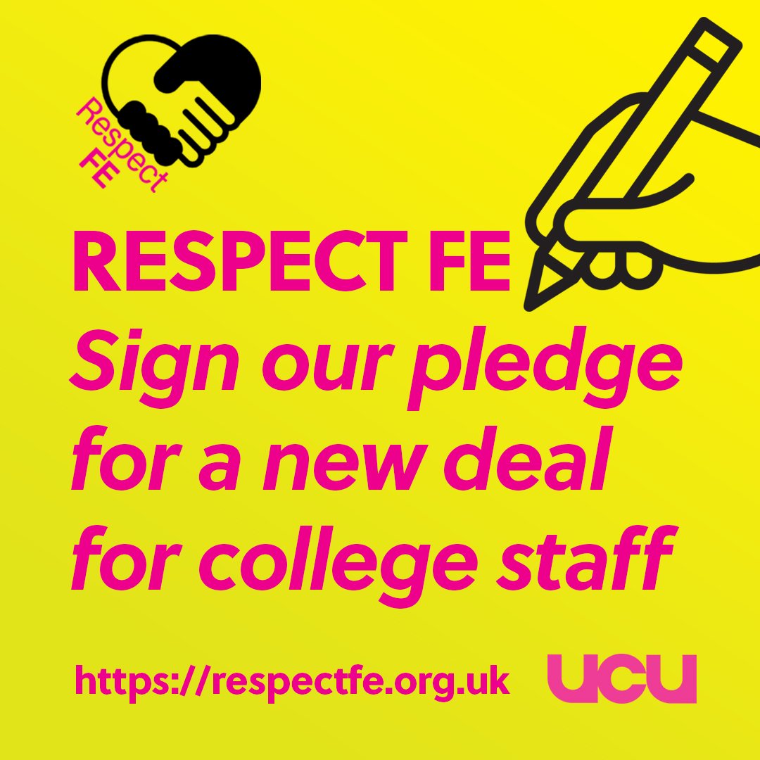 ucu's tweet photo. College staff have seen pay and conditions eroded, whilst workload has increased

We want a settlement where staff are paid properly &amp; treated with respect

Sign the pledge and encourage others to do the same 👇 ✍️

https://t.co/kDJSVM3ayg

#RespectFE https://t.co/SM4Wshjw0Q