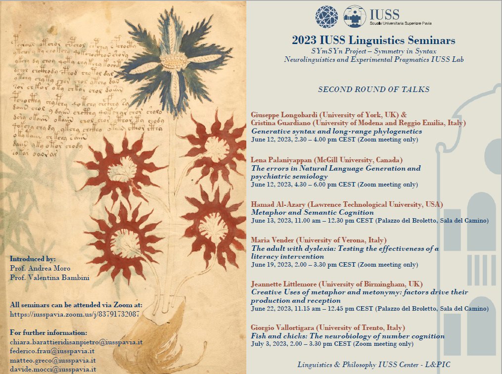 Next week, don't miss *three* great talks in our 'IUSS Linguistics Seminars' series at @IussPavia! We'll go from theoretical syntax (w/ C. Guardiano & G. Longobardi) to NLG applied to psychiatry (w/ @lena_pl) on Monday, up to semantic cognition (w/ H. Al-Azary) on Tuesday! (1/2)