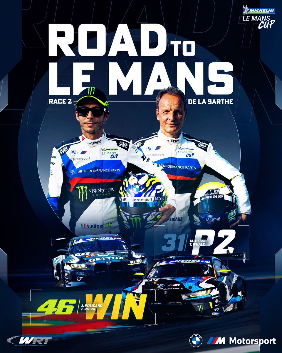 BACK TO BACK VICTORIES AND DOUBLE PODIUM FOR TEAM WRT AT LE MANS 🏆🍾🏁

Sensational drives by Jérôme Policand, Valentino Rossi, Max Hesse and Tim Whale sees the WRT-run BMW M4 GT3 duo, of #46 and #31, finish in P1 and P2 respectively! 

#WRT #RoadToLeMans