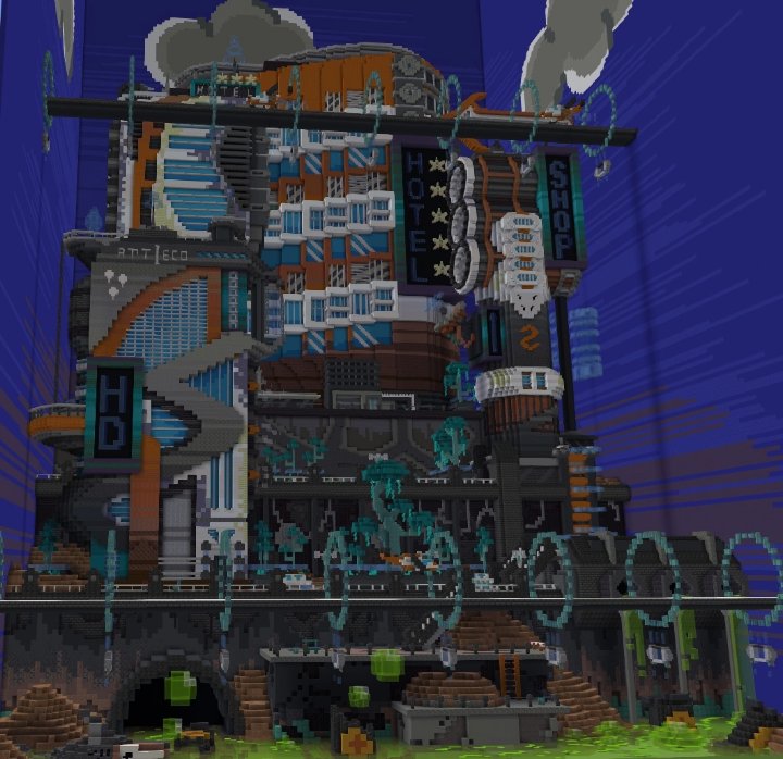 OperAsper's tweet image. Future in Minecraft:
Build by @OperaliX 
Build on Colombino(@mc_bon_bon) server

#Minecraft #minecraft建築コミュ #minecraftart #Cyberpunk2077 #city #BuildingFutures