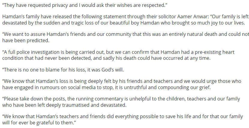 The family of 14 year old Hamdan Aslam say his death at school on Tuesday was 'entirely natural' and 'could not have been predicted' #HeartNews