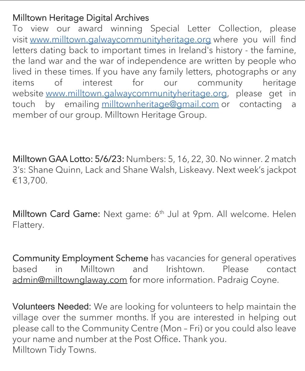 milltown_galway's tweet photo. There's lots in the newsletter this week. Have a great weekend. https://t.co/jND1lza8gq