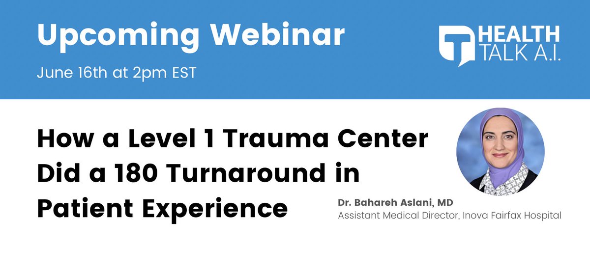 Join us next Friday as Dr. Bahareh Aslani MD will share how her Level 1 Trauma Center is using HealthTalk A.I. to drive patient retention and reduce 72-hour returns. Register now! #webinar #emergencymedicine healthtalkai.com/webinar-patien…
