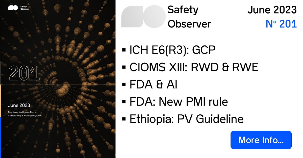 SafetyObserver's tweet image. The ICH E6(R3) draft Guideline on GCP has entered the public consultation period...
Our latest #Pharmacovigilance Regulatory Intelligence Report is out ! Read the Highlights and sign up for Free Alerts... bit.ly/3t4l5Pc