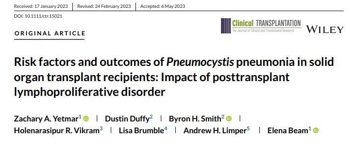 Publication Alert 'Solid organ transplant recipients who develop PTLD are at increased risk of Pneumocystis jiroveci pneumonia.' @ZYetmar @ElenaBeamMD mayocl.in/3XdAsBX