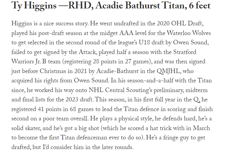 davis_boyer's tweet photo. An excerpt from @scottcwheeler's article on @ABTitan Dman Ty Higgins. A prospect that has taken the road less travelled on his way to #2023NHLDraft contention. https://t.co/Ep9xVkt9Ck