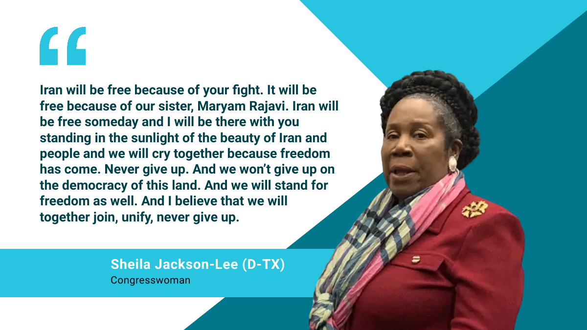 #FreeIran2023 Sheila Jackson-Lee (D-TX): Iran will be free because of your fight. It will be free because of our sister, @Maryam_Rajavi. Iran will be free someday and I will be there with you standing in the sunlight of the beauty of #Iran and its people and we will cry together…