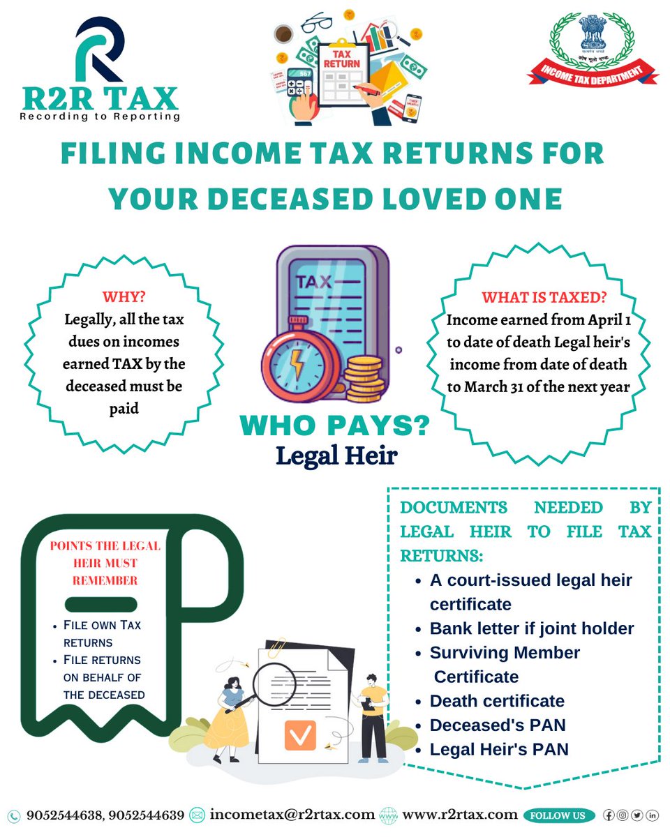 Filing of income tax returns for your deceased loved one
Follow R2R TAX for more updates and become a part of  R2R TAX
#tax #twitter #income #incometax #incometaxact #incometaxreturn #incometaxreturnfiling #gst #filing #taxseason #r2rtax #socialmedia #LinkedIn