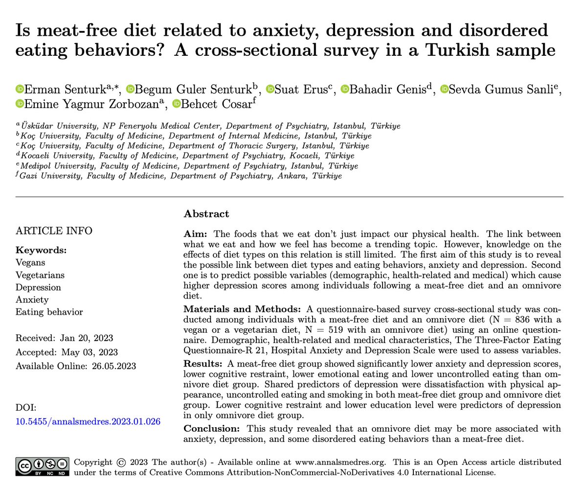 Daha önce 82 vejetaryene bakıp, et yememek depresyonu artırır diye makale basmışlardı. Buyrun ülkemizde 450 vegan, 386 vejetaryen ve 519 hepçil ile yapılan çalışma; et yiyenlerde depresyon daha fazla görülüyor.
kaynak: annalsmedres.org/index.php/aomr…