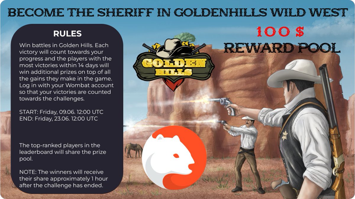Play through the #Wombat and participate in the challenge 

🏆Prize Pool - 100$💵
Rules - winners are determined by the highest number of victories in battles
⌛️ END: 23.06 12:00 UTC 

playing.goldenhills.io

#challenge  #WAX #Play2Earn #NFTs #freetoplay #WAXNFT  #NFTCommmunity