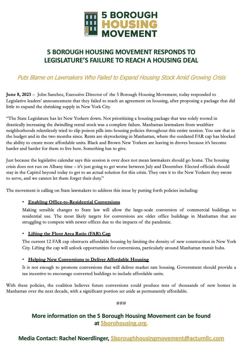 “The State Legislature has let New Yorkers down.”

Following yesterday's announcement that the NY Legislature failed to reach an agreement on housing, <a href="/NYJohnSanchez/">John Sanchez</a> calls on lawmakers to remain in Albany until they come up with a solution to NYC’s dire housing crisis. Read ⬇️