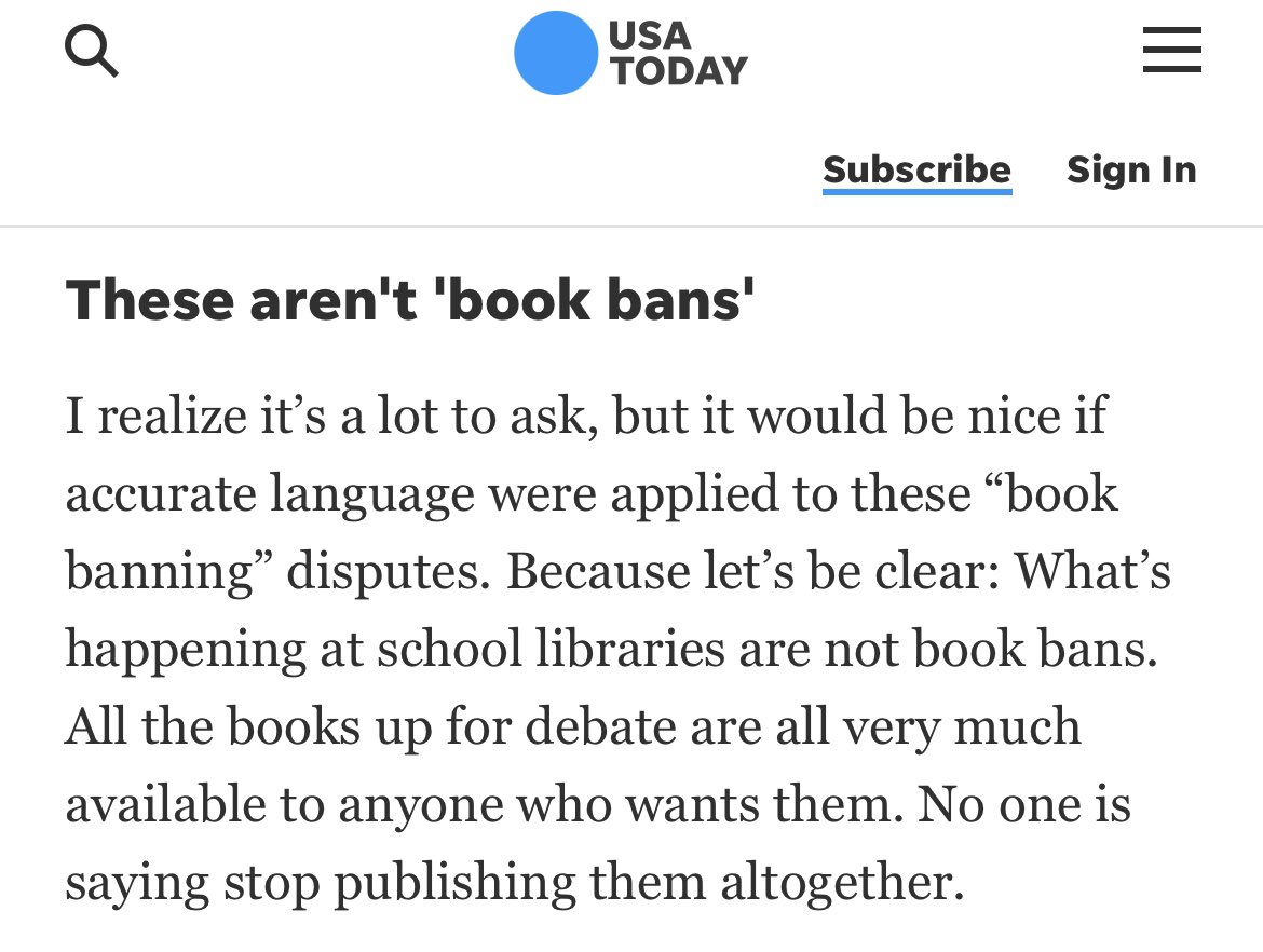 A recent column by Ingrid Jacques asks you to set aside a long held value in this country- that no one person’s beliefs or government intervention should infringe on another citizen’s right to speak or access protected speech.

A restriction on public access is a ban.