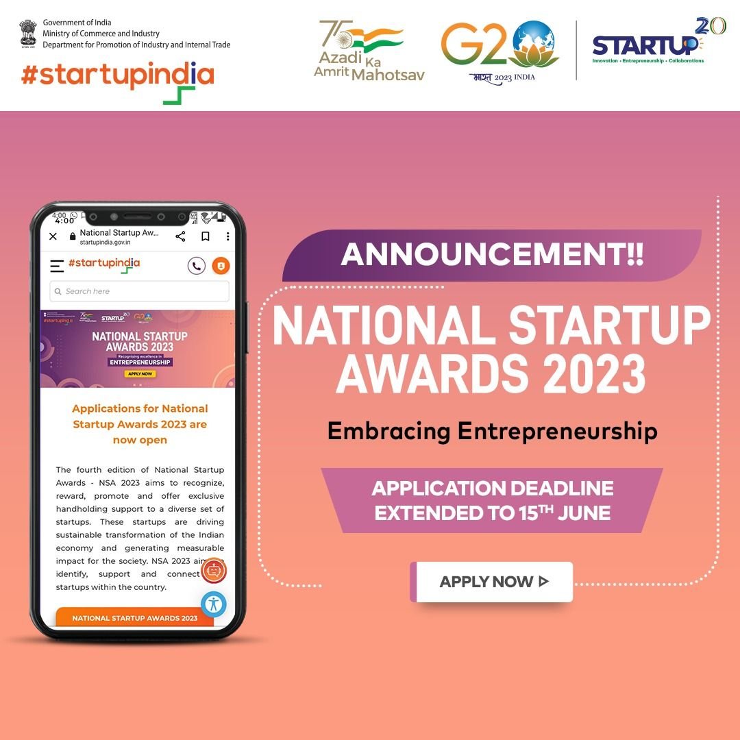 startupindia's tweet image. Seize your moment to create a lasting impact! 

Don&apos;t miss this opportunity for entrepreneurship, innovation, and recognition. Apply now: bit.ly/42VIPUS 

#ApplicationDeadline #Entrepreneurship #Innovation #OpportunityKnocks #startupindia #NSA2023 #NationalStartupAwards