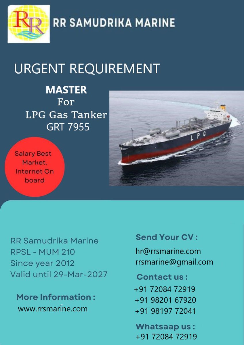 URGNT REQUIREMENT FOR MASTER ON LPG CARRIER.
CONTACT US FOR MORE DETAILS.
#rrsmarine #vacancy #lpgcarrier #gastanker #seafarers #seajobs #urgenthiring #gascarrier #shippingcompany