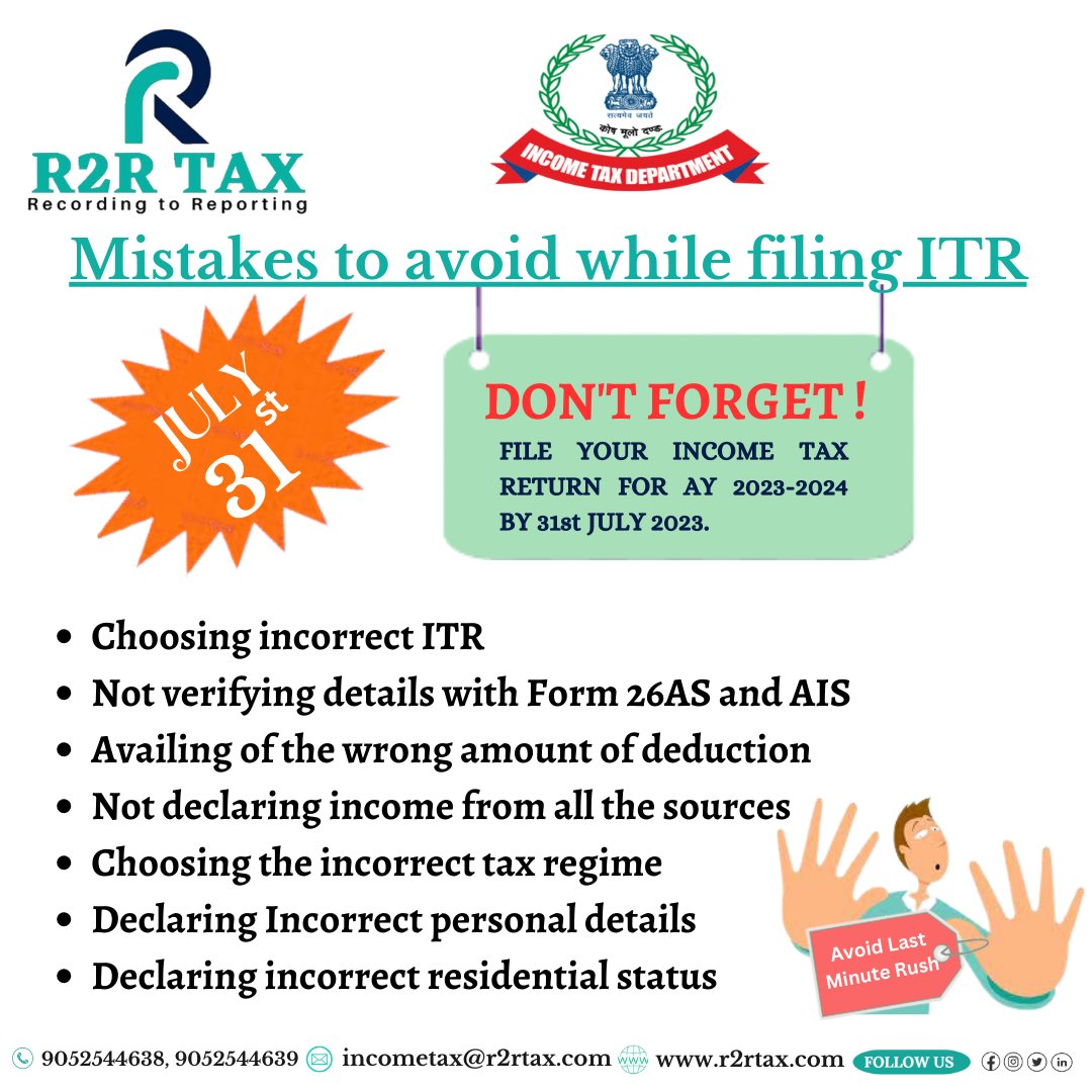 Mistakes to avoid while filing ITR 
Follow @R2R_TAX for more updates and become a part of  R2R TAX

#tax #twitter #income #incometax #incometaxact #incometaxreturn #incometaxreturnfiling #gst #filing #taxseason #r2rtax