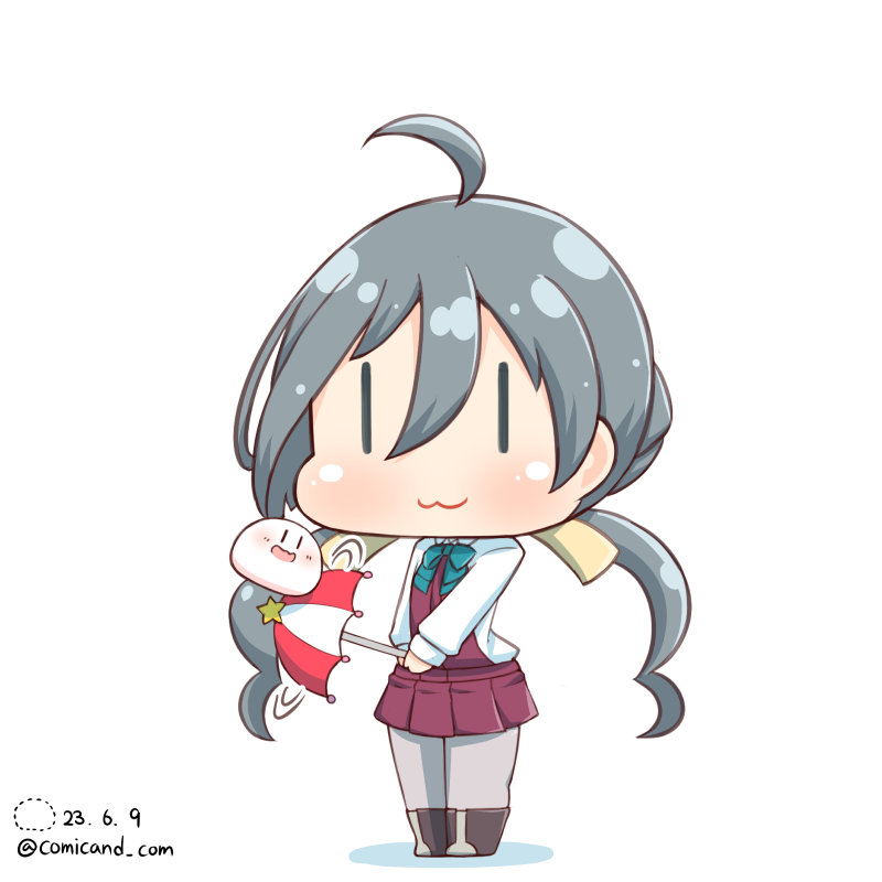 kiyoshimo (kancolle) 1girl twintails low twintails ahoge grey hair twitter username white shirt  illustration images