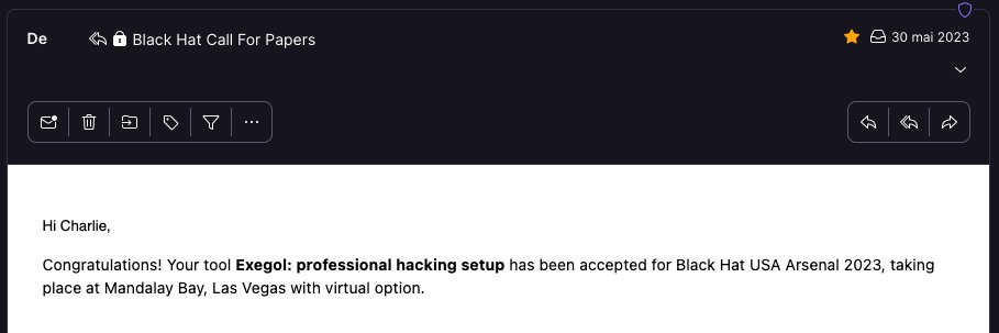 <a href="/Dramelac_/">Dramelac</a> and I are accepted to <a href="/BlackHatEvents/">Black Hat</a> US Las Vegas 🇺🇸🦅 we will present Exegol at the Arsenal section, we did Black Hat London &amp; Singapore, but this is definitely the final (Arsenal) boss!
We need to find the money to go there now (and come back) 😕