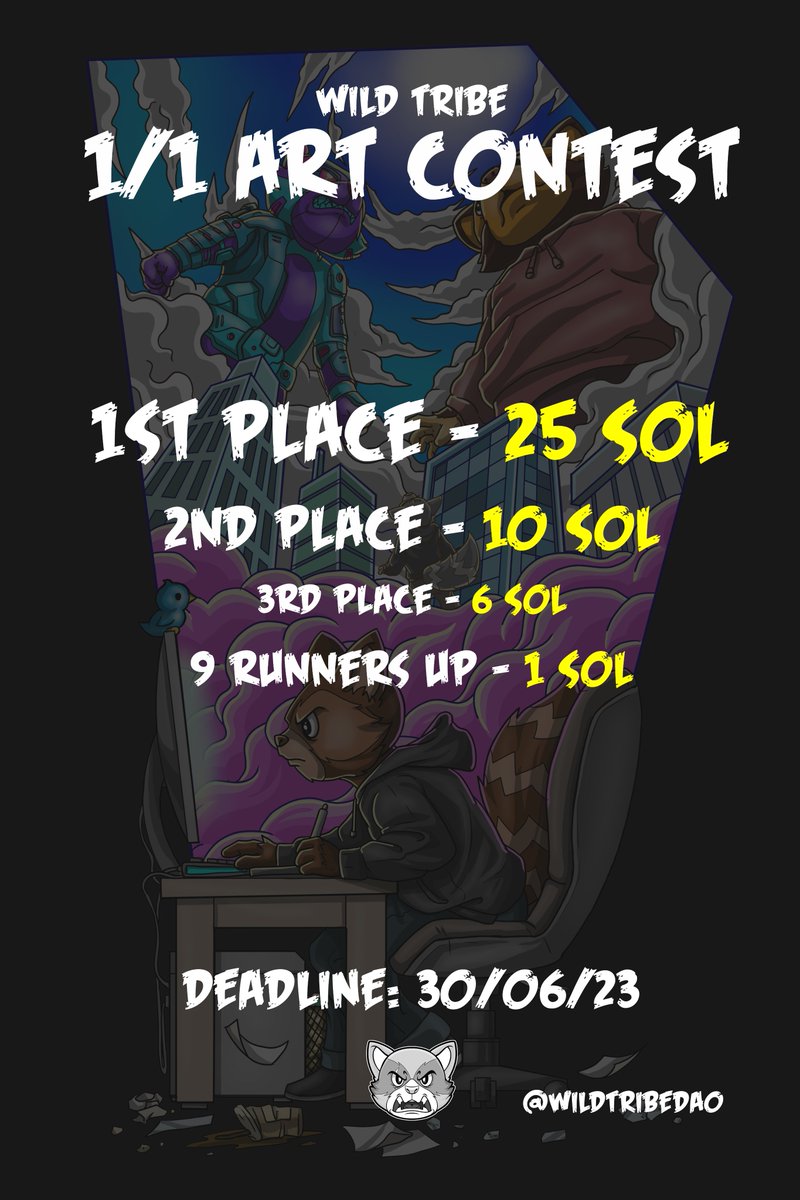 We are excited to launch our official Wild Tribe 1/1 Art Contest!

Challenge: Create a Wild Tribe 1/1 in your style to be added to our collection 🦝

Prizes: 50 SOL

Deadline: 30th June 23:59PM UTC

Find more details below👇