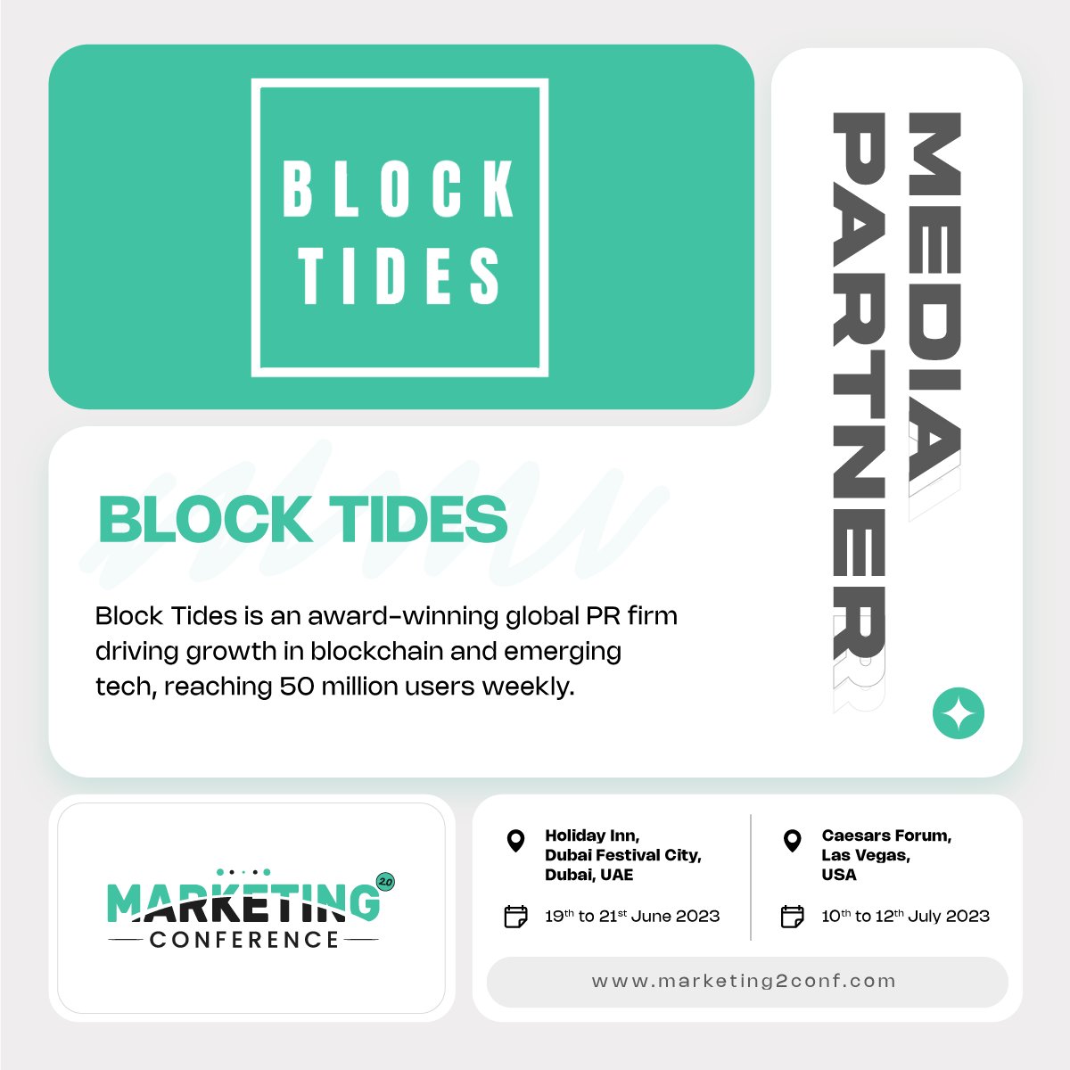 We are thrilled to introduce Block Tides, the renowned global PR and Marketing powerhouse, as the official #MediaPartner for #Marketing2Conf. Block Tides' expansive digital reach and innovative strategies promise to catapult our event to unprecedented heights.
#Connect #Network