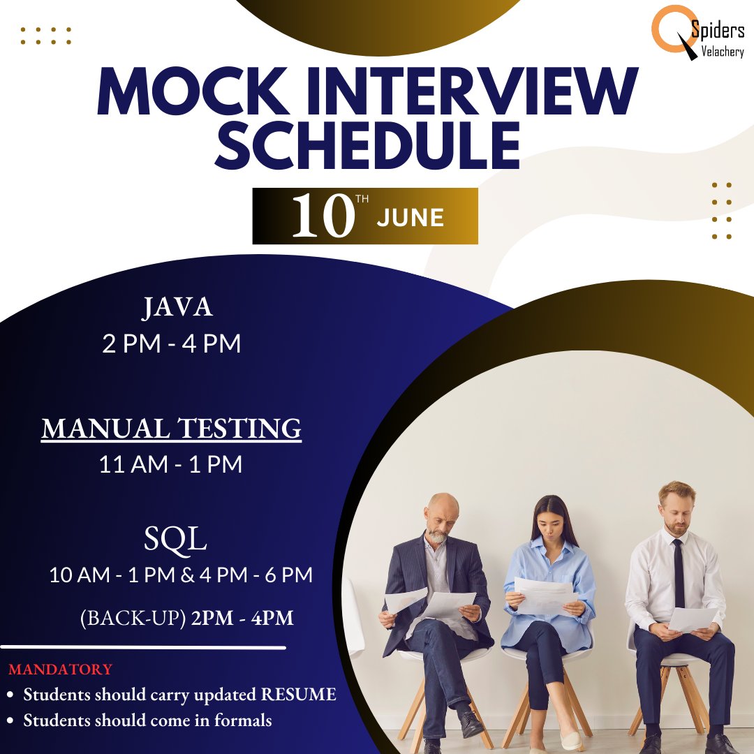 Tomorrow (June 10th , 2023 )
Mock Interview Schedule
.
.
FOR MORE QUERIES CALL US @ 6364884445/6364884447/9740499391/9740499396
.
.
#qspiders #jspiders #pyspiders #corejava #selenium #manualtesting #automationtesting #python #pythonprogramming #pythoncode #webdev #selenium #alm