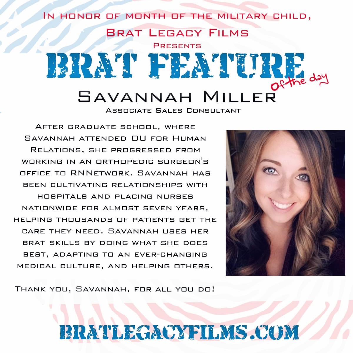 Welcome back to the Friday Brat Feature! Today, we spotlight Savannah Miller who using her Bratskills to help build relationships and create better medical care.
#bratambition #militarybrat #bratlegacyfilms #bratfeature #medicalcare