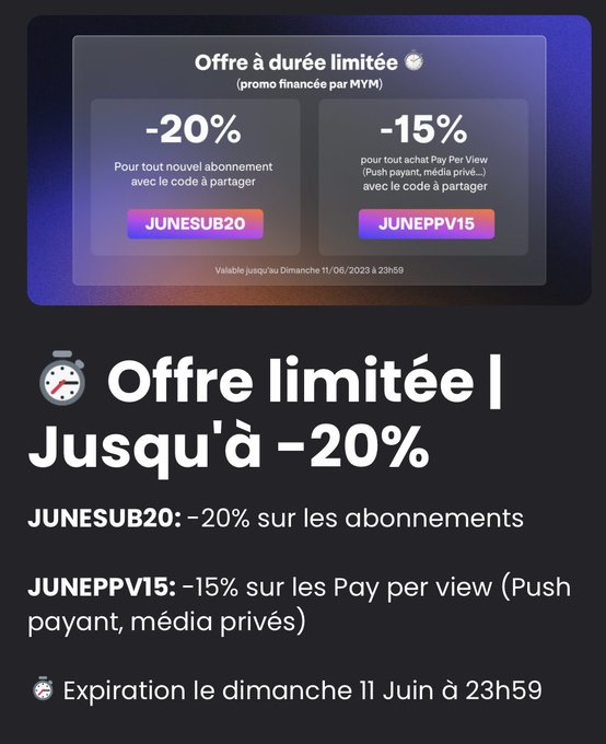 ‼️‼️🚨 ALERTE PROMO ‼️  🎁 MYM offre -20% sur les abonnements avec le code JUNESUB20 jusqu&rsquo;&agrave; dimanche minuit