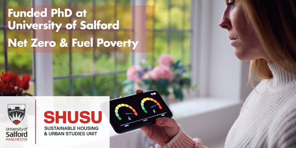 Do a #PhD at University of Salford! Fully funded on #energypoverty &amp; #decarbonisation to start this September.

Work with researchers in <a href="/UoS_HealthSoc/">UoS Health & Society</a>
 and @ehl_salford + benefit from national networks of <a href="/NEA_UKCharity/">National Energy Action</a> and <a href="/aws_cic/">Affordable Warmth Solutions</a>. Apply by 16th July

findaphd.com/phds/programme…