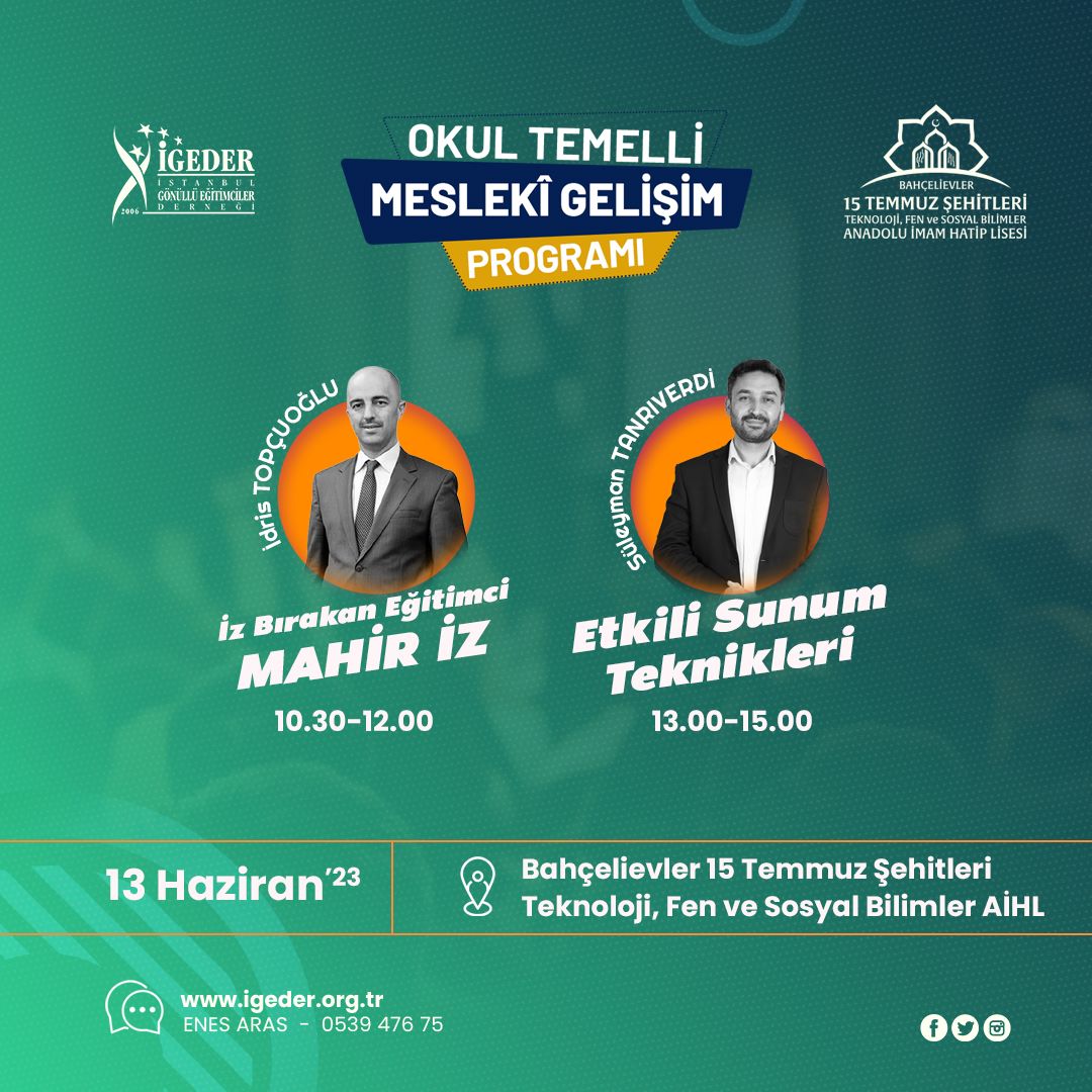 igeder's tweet photo. Okul Temelli Mesleki Gelişim eğitimlerimiz devam ediyor. 13 Haziran Salı günü iki güzel eğitimimiz ile Bahçelievler 15 Temmuz Şehitleri Teknoloji, Fen ve Sosyal Bilimler AİHL’ de Öğretmenlerimizle bir araya geleceğiz.
#igeder #igederöğretmenakademi #OTMG https://t.co/0kzARaaWxk