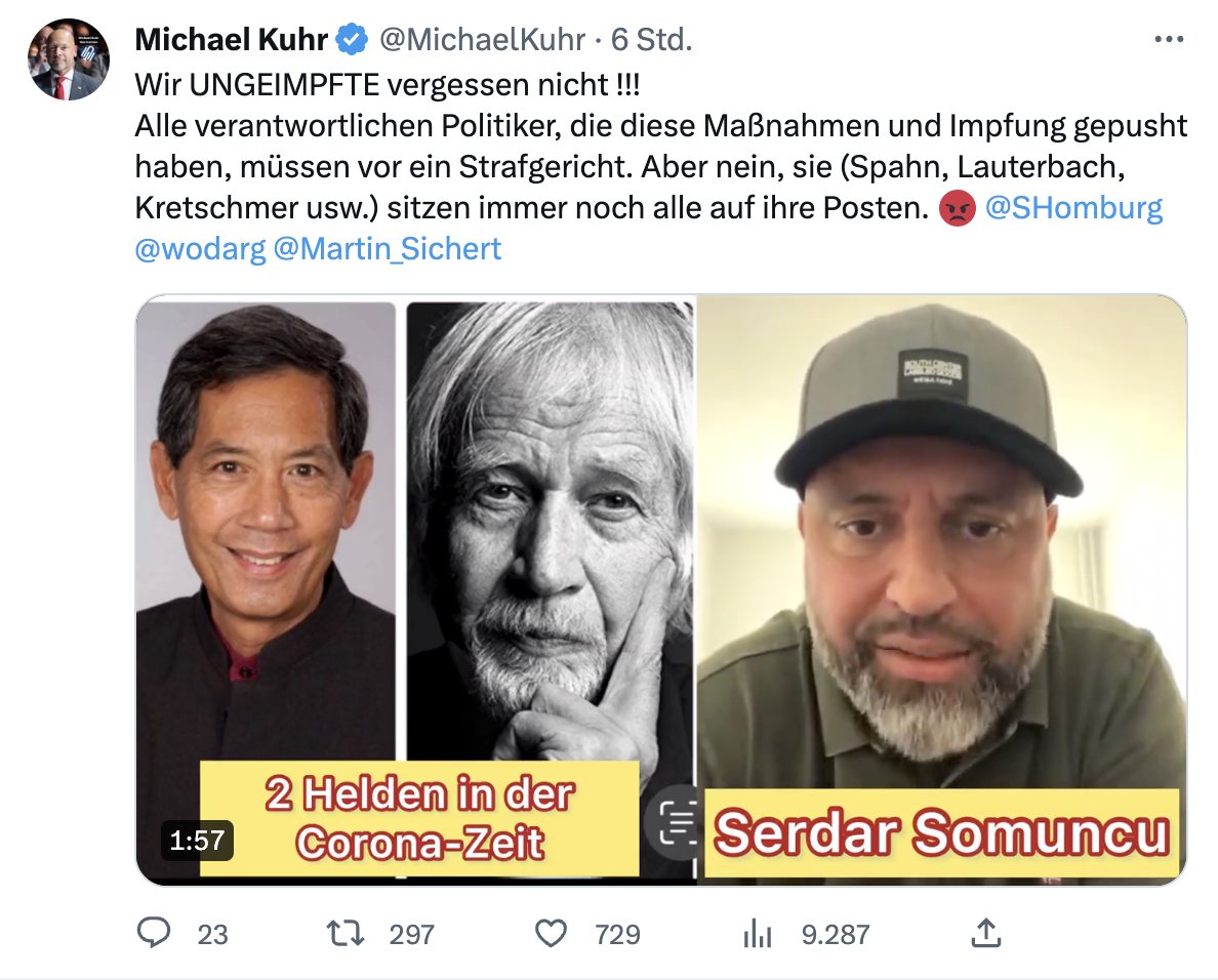 Endsieg-Rhetorik bei @MichaelKuhr mit den irren @wodarg, #Bhakdi und dem Getöse von Serdar Somuncu. Thema, wie immer, die Impfung.

Mit Strafgericht. Immerhin nicht Standgericht. Kann man vielleicht als Fortschritt ansehen.