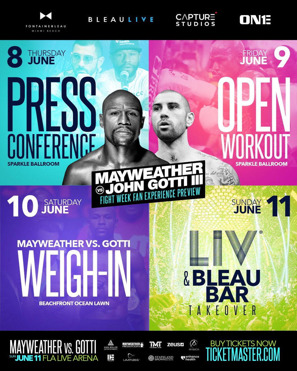 Get your tickets for Sunday here: bit.ly/mayweathergotti We have fight week events open to the public all weekend too. See you there!