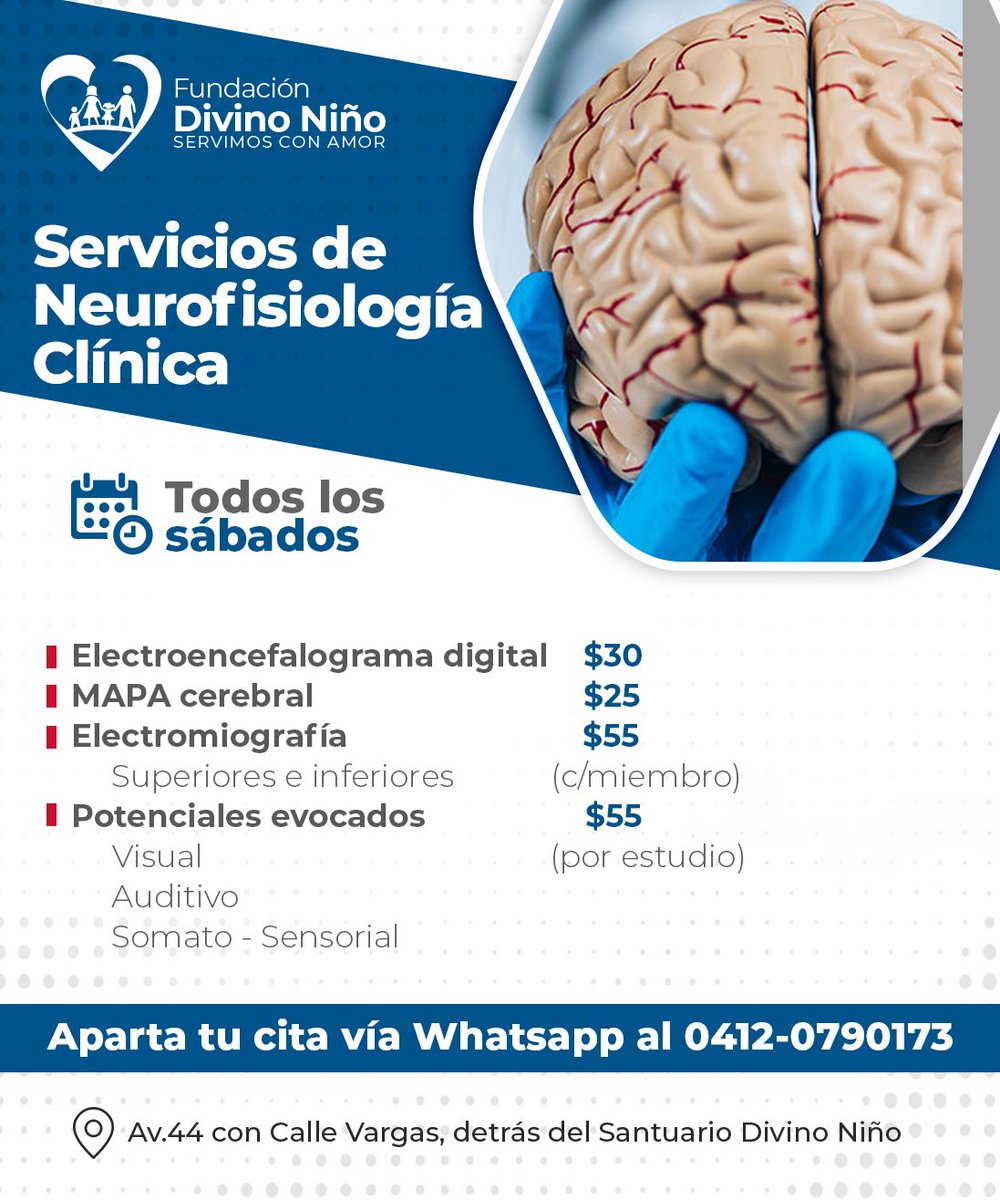 NUEVO ⭐

Servicios de neurofisiología clínica  🧠

¡Todos los sábados! 

Previa cita al 0412-0790173

#servimosconamor