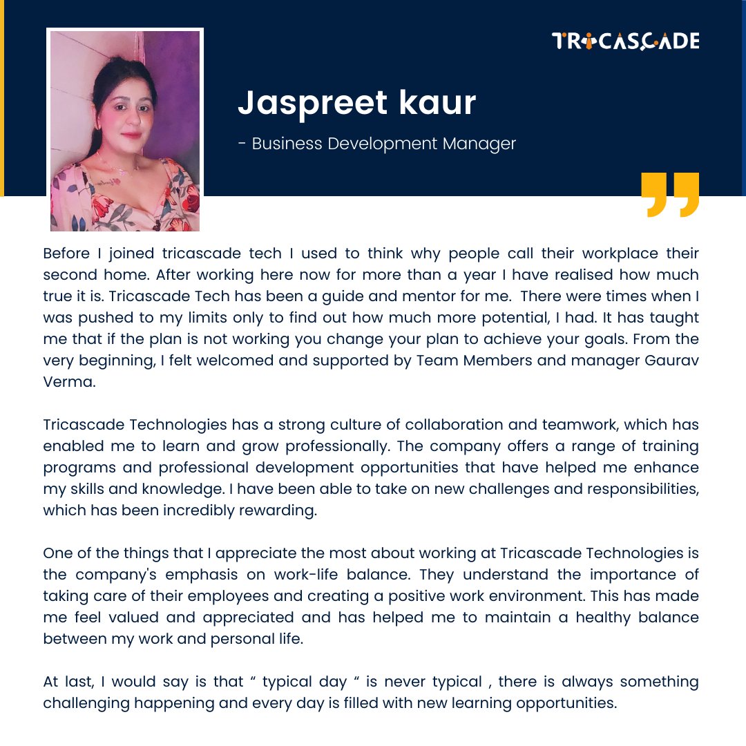 We feel proud to have team members like, Jaspreet Kaur. Employee stories motivate us to strive to build a more supportive work environment.

#Employeetestimonial #employeeexperience #employeeengagement #team #spotlight