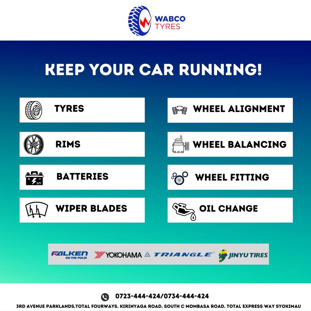 We value your car and putting you on road of reliability. 
Contact your nearest @WabcoTyreskenya branch and book a service!
#Wabcotyres #Weekend #Car #Maintenance #Tyres #Services #Falkenkenya #Yokohama #Triangle #Jinyutyres