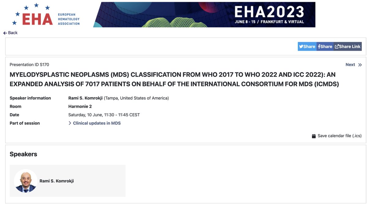 drsomedeb's tweet photo. Those attending #EHA23, do not miss this presentation by @Ramikomrokji tomorrow on our next steps to facilitate a data-driven harmonization between #WHO22 and #ICC22 for #MDSsm Glad to be part of this fantastic collaboration!! @genomed4all @LucaLanino @Dr_AmerZeidan @ic_MDS https://t.co/QFqOT6DmC7
