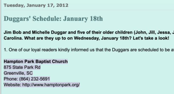 WutBJU's tweet photo. The Duggars and local @BJUedu-orbit church, Hampton Park, were snuggly in 2012 too. #ShinyHappyPeople https://t.co/Wx2g2bF6nP