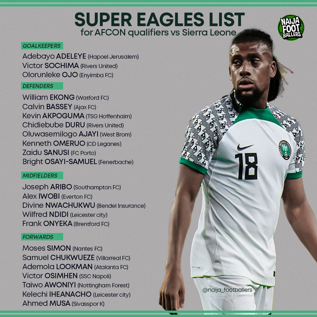 Super Eagles head coach, Jose Peseiro has unveiled a 23-man squad for the 2023 Africa Cup of Nations qualifying fixture against Sierra Leone.

Home-based goalkeepers Victor Sochima and Olorunleke Ojo are also called, as well as Rivers United defender Ebube Duru and