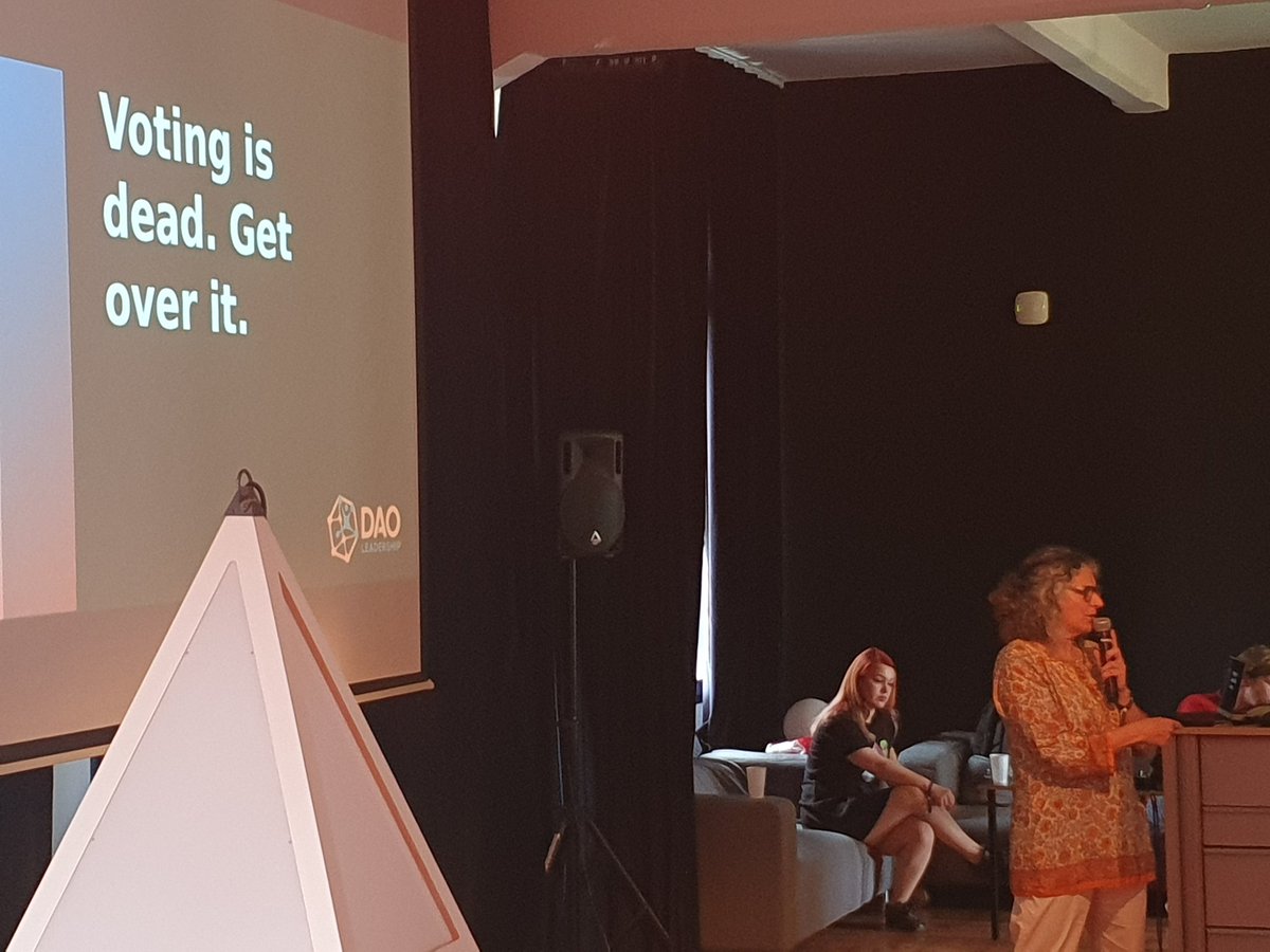 "Voting is dead. Get over it." 
"5 years of experimenting in DAOs should have thought us that. Voter turnout is at 8% and that is already good. Yes/No votes don't work."
@RebeccaRachmany <a href="/EthPrague/">ETHPrague</a>
