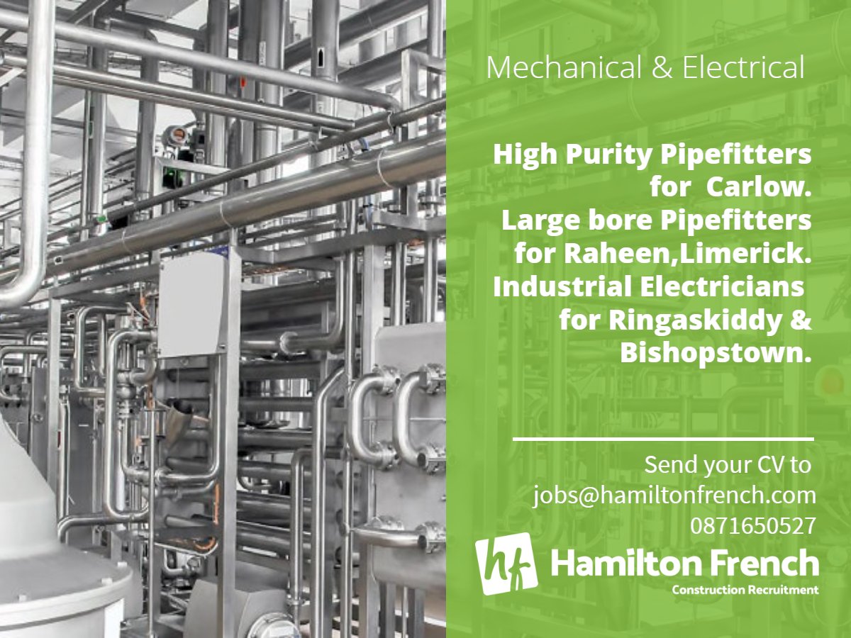 HamiltonFrench_'s tweet image. Hot jobs in the Mechanical &amp;amp; Electrical sector. We will be mobilizing just waiting on starting dates.
#highpurity #largebore #pipefitters #mechanical #electrical  #electricians #irishjobs #nijobs
