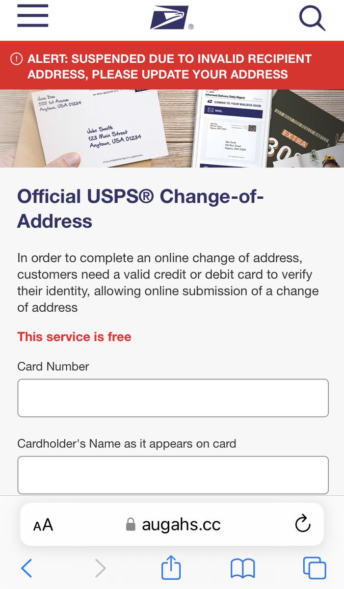 ⁦@USPSHelp⁩ Fraud prevention. Got text from below, imposing as you, asking for credit card number. 

augahs.cc
(Copy the link to your Safari browser and open it)