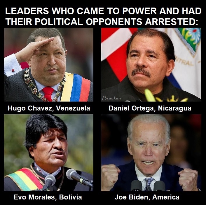 Matt_Bracken48's tweet photo. Theo Wold:
Venezuelan strongman Hugo Chavez came to power and then indicted the leaders of his political opposition. So did Evo Morales in Bolivia. And Daniel Ortega in Nicaragua. Oh and now so has Joe Biden.
[@RealTheoWold  inspired me to put this meme together.] https://t.co/omjcFZ2lNc