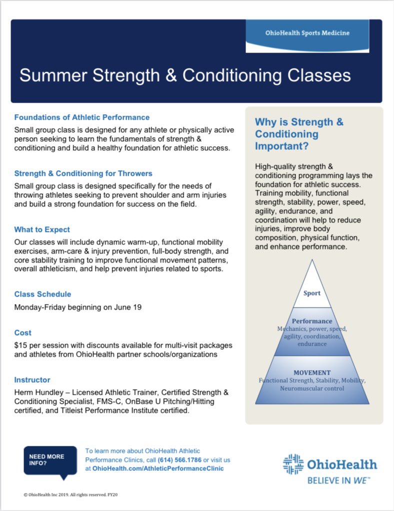 The OhioHealth Athletic Performance Clinic is hosting small group Summer Strength &amp; Conditioning classes for general athletes as well as one designed specifically for throwing athletes. 💪

To register, please visit: ohiohealth.jellyfishhealth.com/#/population?d…