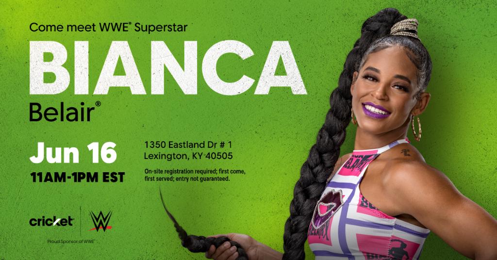 GET READY! Here’s your chance to meet The EST of WWE, @BiancaBelairWWE, and she’s heading to Lexington, KY on 6/16! See you there, Cricket Fam! 🤩