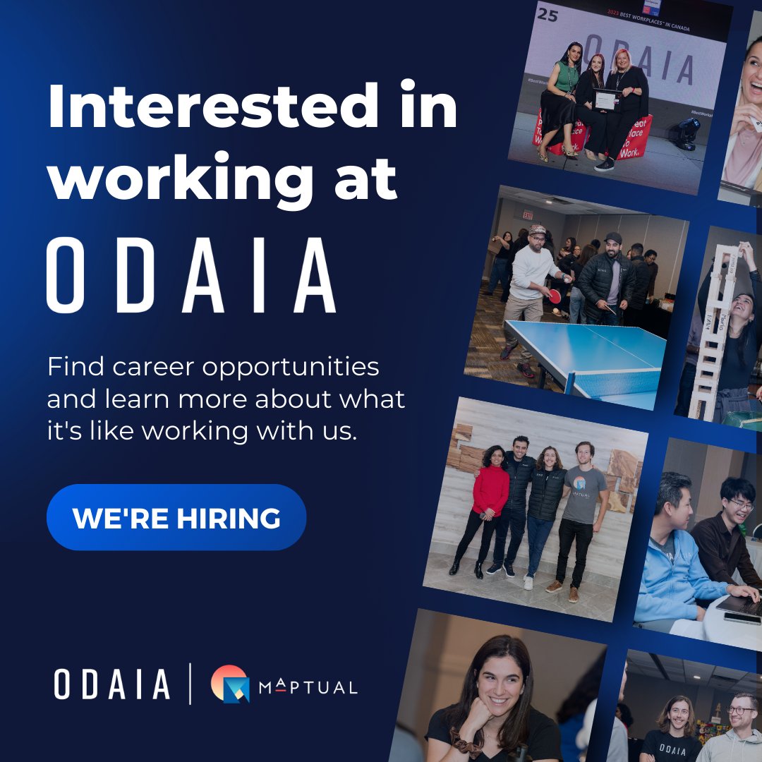 #WereHiring! 💻 

Join our highly #productive and driven #startup culture that values agility, passion, ownership, trust, respect, #diversity, and inclusion. Learn more: odaia.ai/careers

#hiring #career #tech #team #jobopening #ODAIA #MAPTUAL