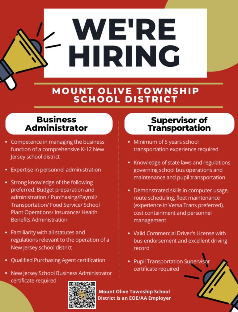 Join our team!  <a href="/MountOliveTSD/">Mount Olive Township School District</a> <a href="/AsstSuptMOTSD/">Elizabeth McDermond</a> <a href="/mrobinson322/">Matt Robinson</a>
