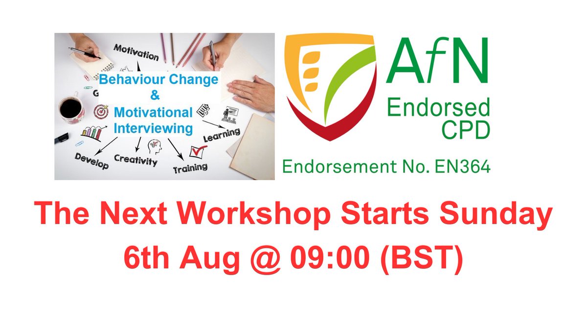 SofC_MI's tweet image. The next behaviour change &amp;amp; MI workshop ( 
@AfN_UK_
 certified ) starts on Sunday 6th Aug 
@09
:00 (BST). This workshop will teach you the skills you require to help your clients make a lifestyle behaviour change. Full details and booking here: bit.ly/3LCWrxJ