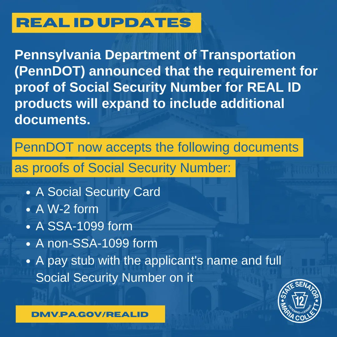 SenatorCollett's tweet photo. My staff + I spend a lot of time fielding REAL ID questions + complaints. We first shared your complaints + our suggested changes w PennDOT in a 2019 letter. I’m thrilled the Shapiro Admin implement one of our suggestions: allowing more easily-obtainable documents as proof of ID. https://t.co/Lzj8bSJ1vK