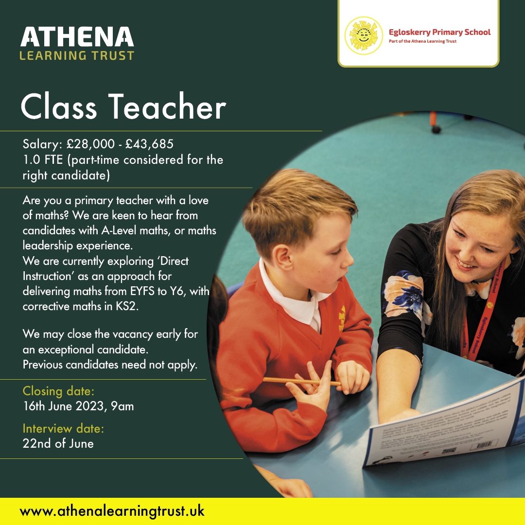 Are you a teacher looking for a new opportunity in beautiful #Cornwall? 

Great vacancy now open within dynamic #AthenaLearningTrust! 
⁠⁠
Closing date: 16th June
⁠
#CornwallSchools #Maths #TeachingSouthWest #PrimaryEducation #Education #WorkWithUs #EduJobs #EgloskerryPrimary
