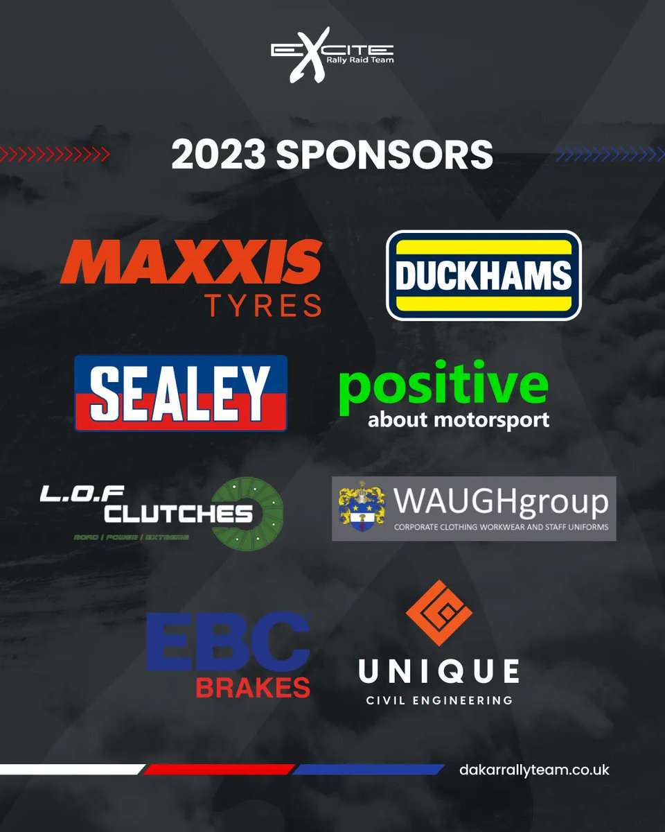 Friday shout out to our wonderful sponsors! 🎉 🙌 

We couldn't continue our journey to Dakar without you. 

P.S Can anyone spot our brand new sponsor? 👀 

#rallyraid #sponsorship #dakar #maxxistyresuk  #carbonpositive #duckhamsoil #lofclutches #sealeytools #ebcbrakes #rally