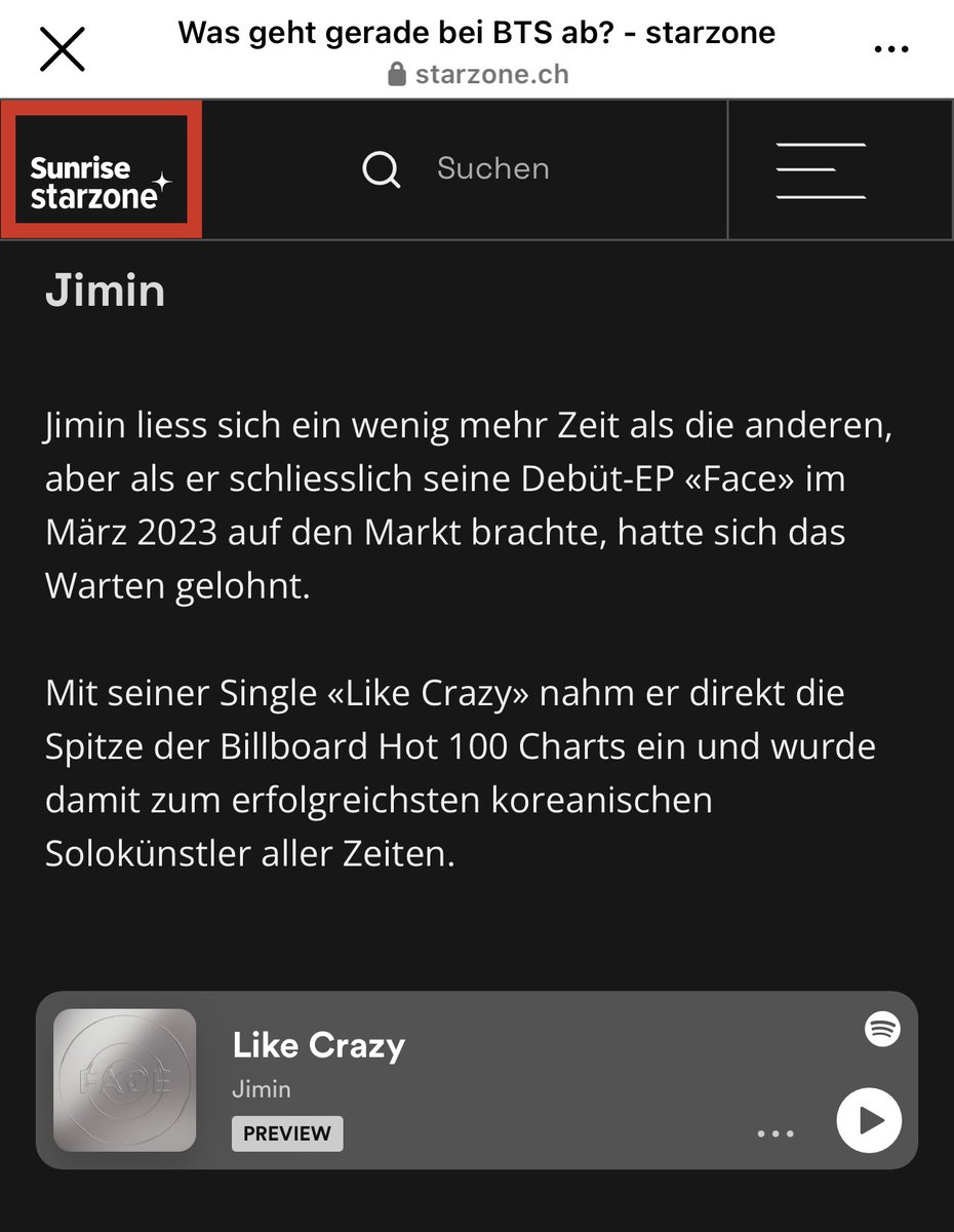 'The most successful Korean solo artist of all time.' - Sunrise Starzone, 8.6.2023 

#Sunrisestarzone is the Swiss Music and Entertainment News portal.

In an article about BTS and what they’re doing these days, they mentioned Jimin, his album 'FACE' and the #1 Billboard Hot